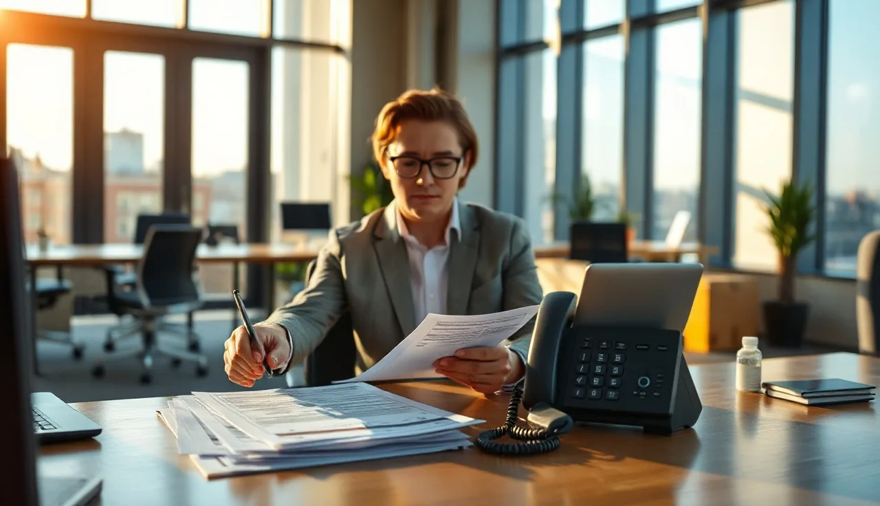 Sales professional reviewing call compliance records at an office desk with a landline phone