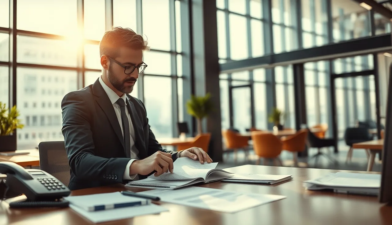 Sales agent reviewing compliance documents at a desk with afternoon light, telephone nearby