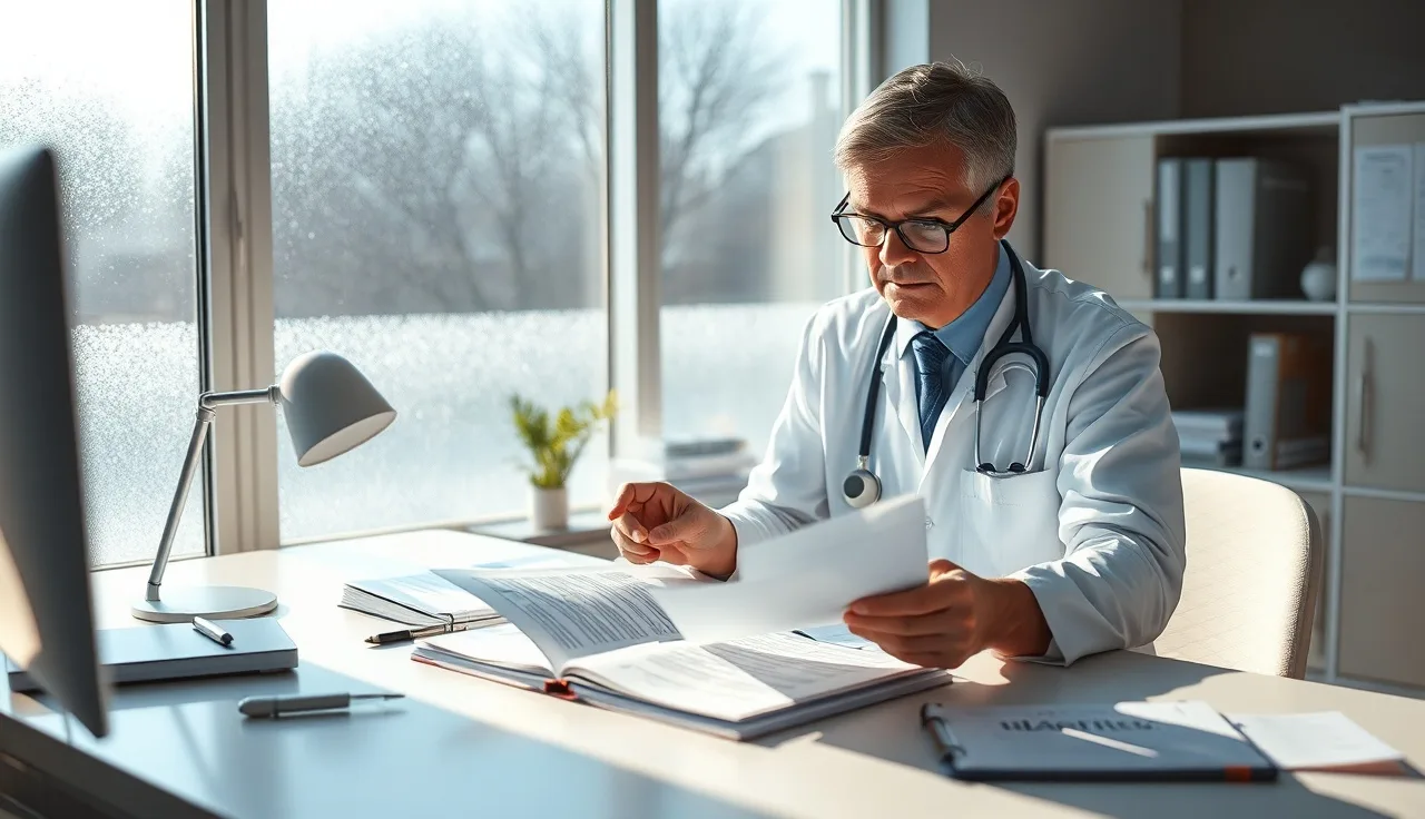 Hospital administrator reviewing compliance documents at a medical office desk