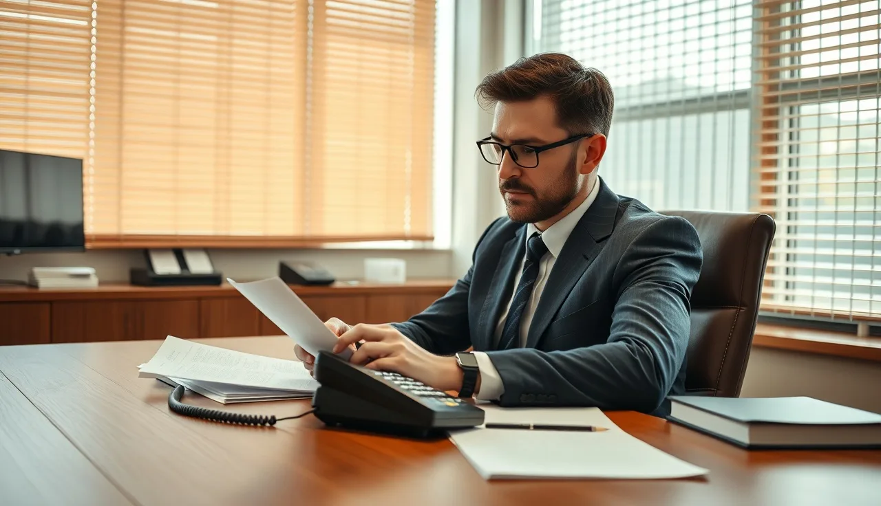 Professional reviewing compliance documents at a desk with a telephone nearby