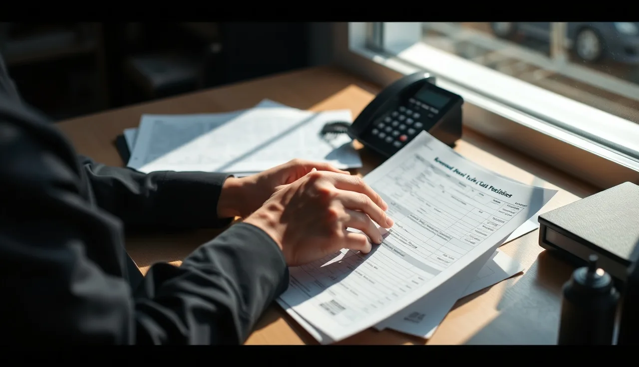 Person reviewing call compliance records at a desk with a telephone