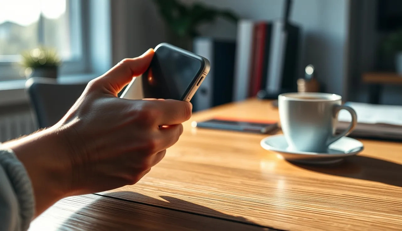 Person holding smartphone face-down on desk, symbolizing blocked unwanted calls under TCPA