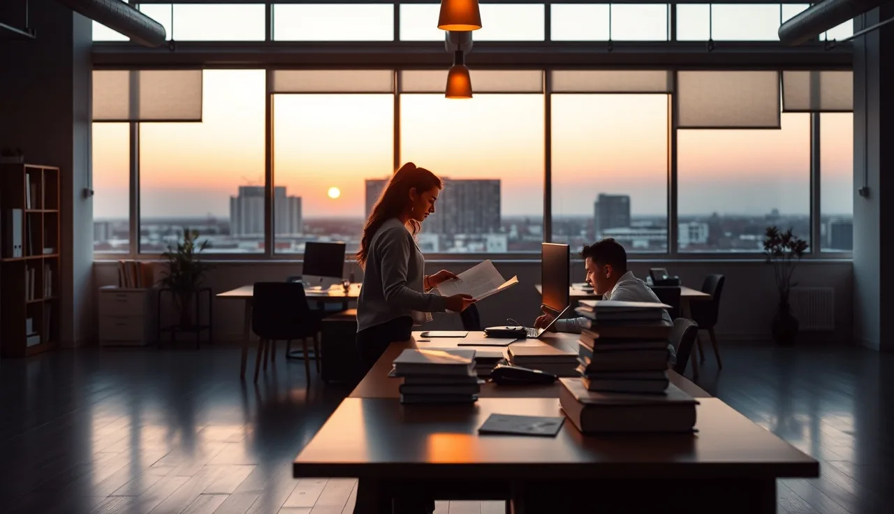 Two compliance professionals reviewing printed TCPA documents at an office desk at dusk
