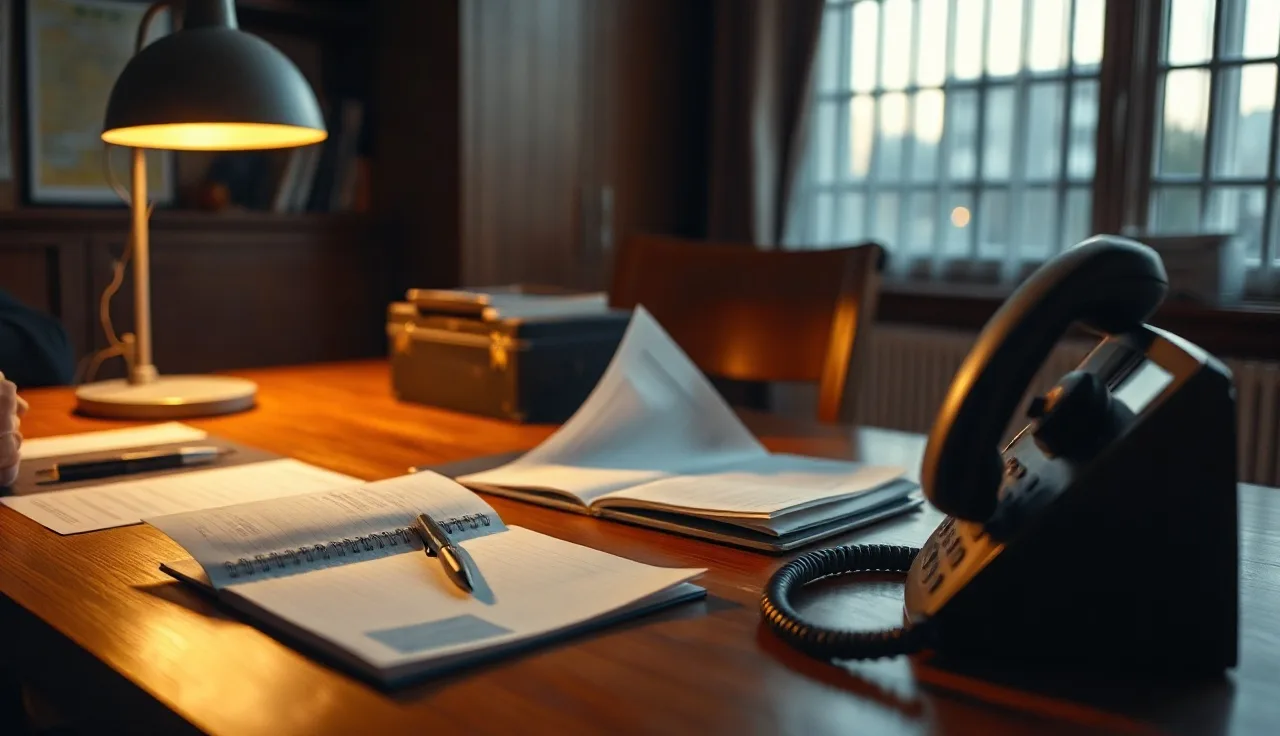 Person reviewing compliance documents at a desk with a telephone nearby