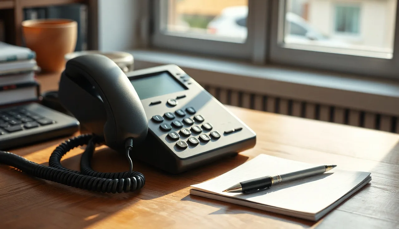 Office desk phone in afternoon light next to a notepad, illustrating prerecorded call compliance
