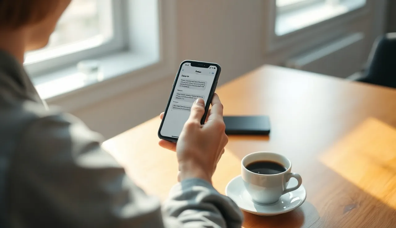 Person reviewing a text message conversation on smartphone at a desk