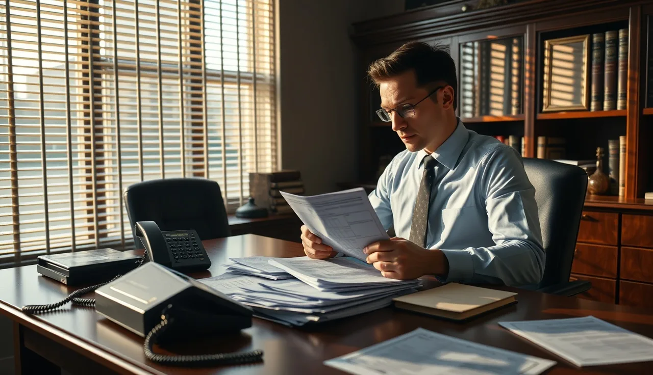 Compliance officer reviewing phone call logs at desk under afternoon office light