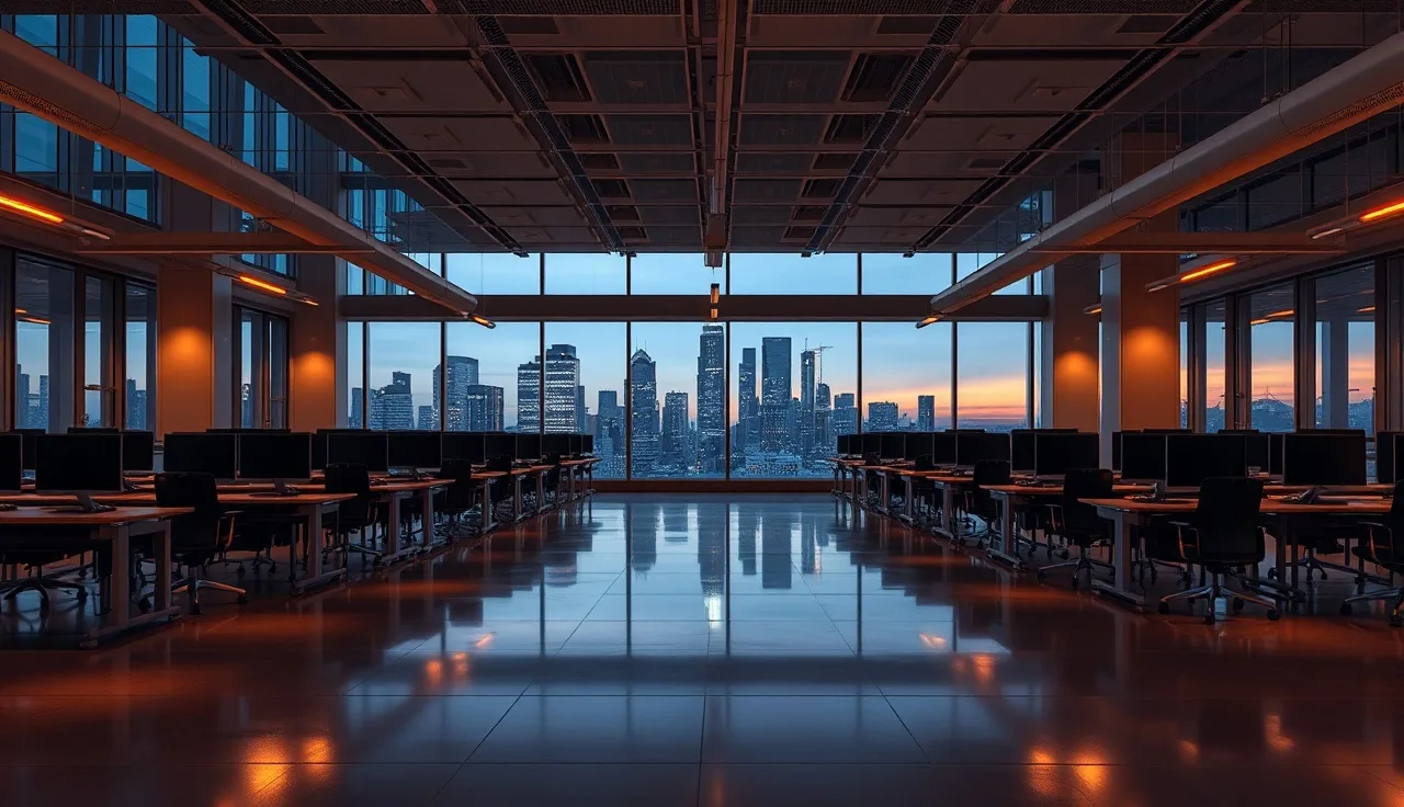 Empty outbound call center office at dusk with dark monitors and city view