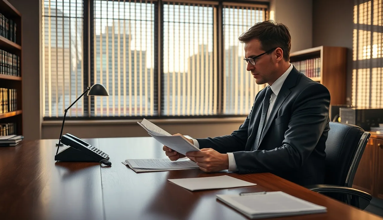 Compliance officer reviewing outbound call documents at a law firm desk