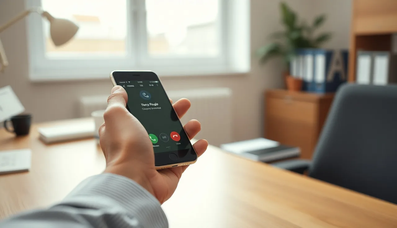 Person holding smartphone receiving an unexpected incoming call at office desk