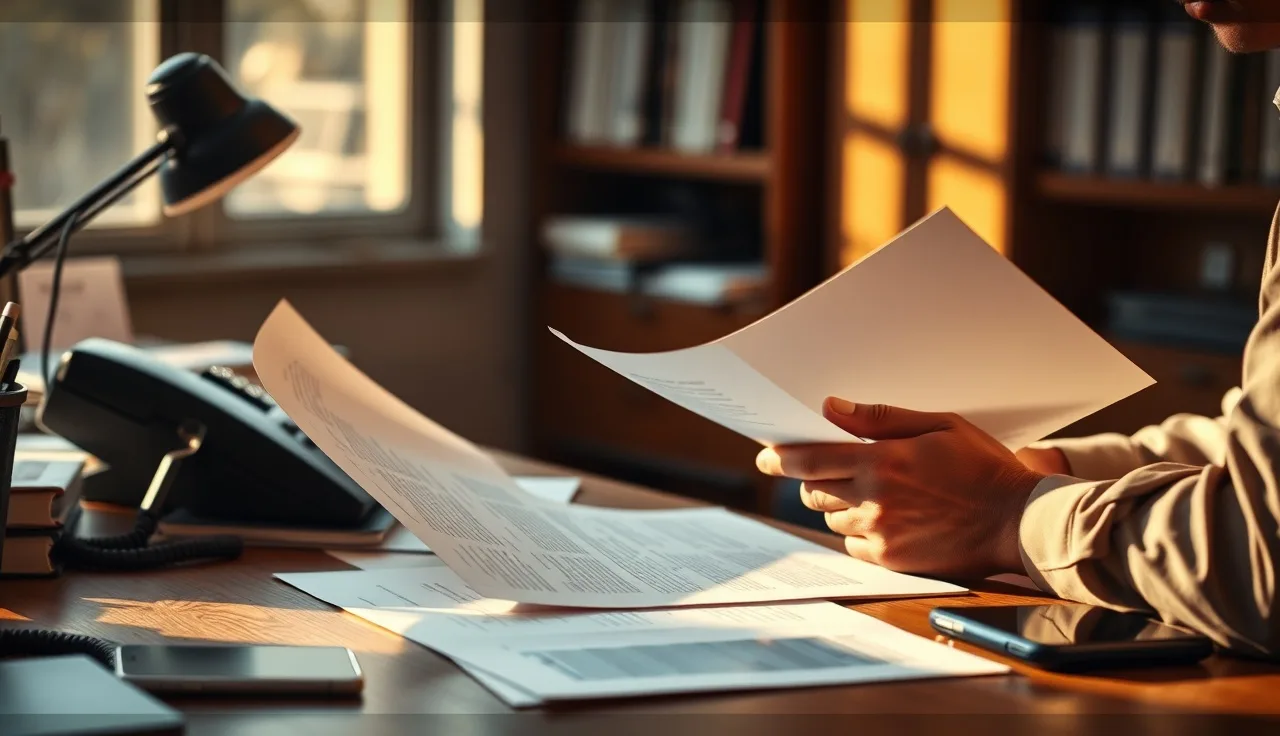Person reviewing compliance documents at a desk with phones nearby