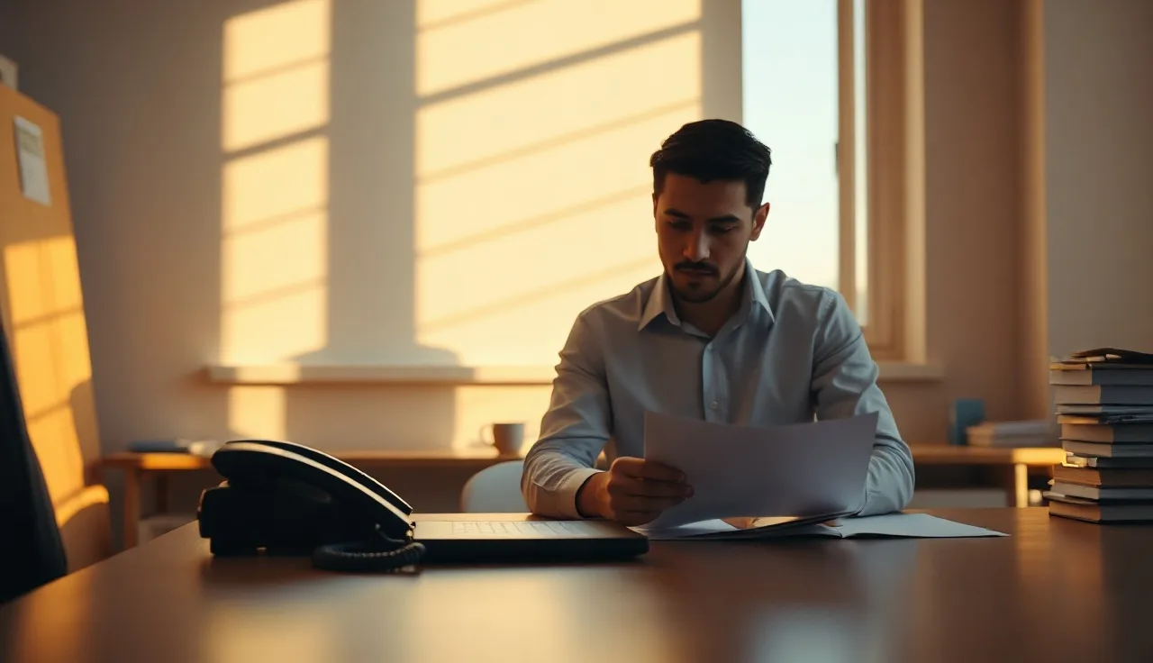 A compliance professional reviewing telemarketing rule documents at a desk with a phone