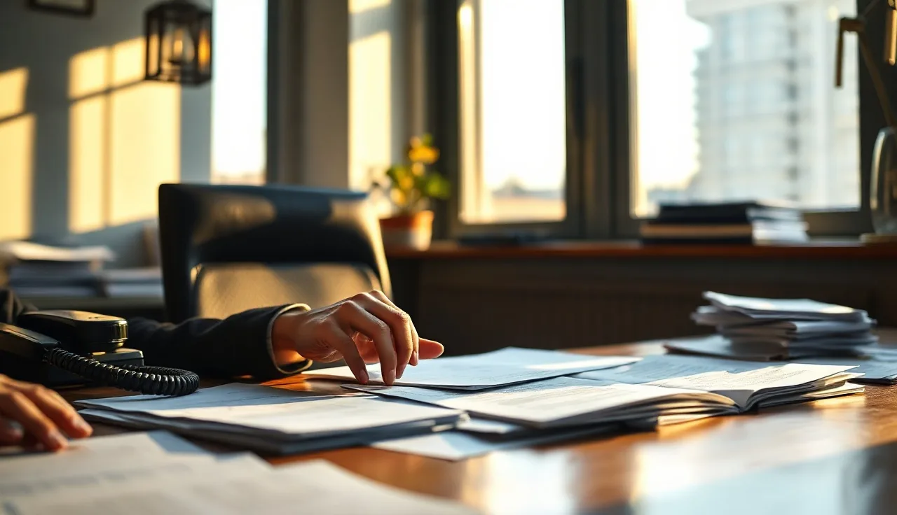 Person at desk reviewing telemarketing compliance documents near office phone