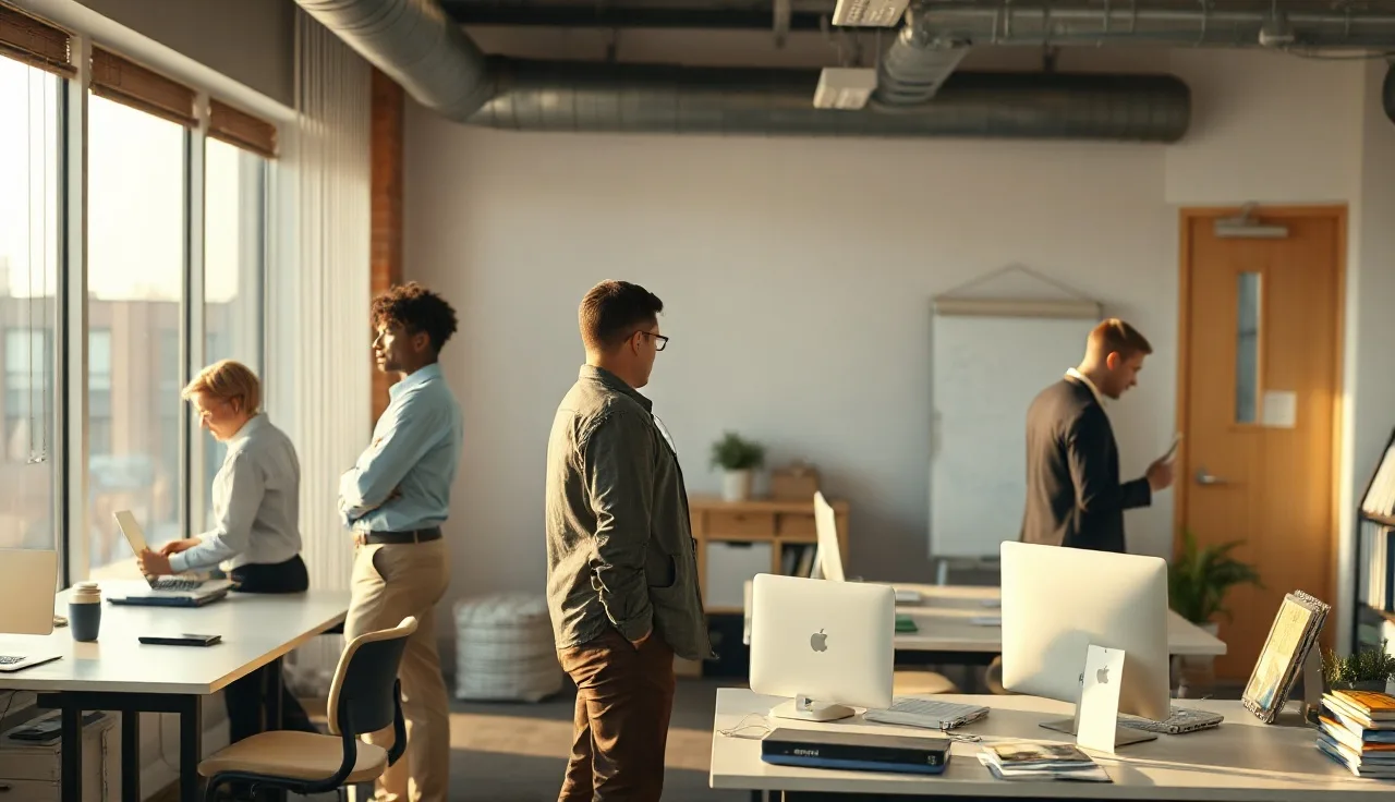 Sales team at standing desks during a morning training session on compliance rules