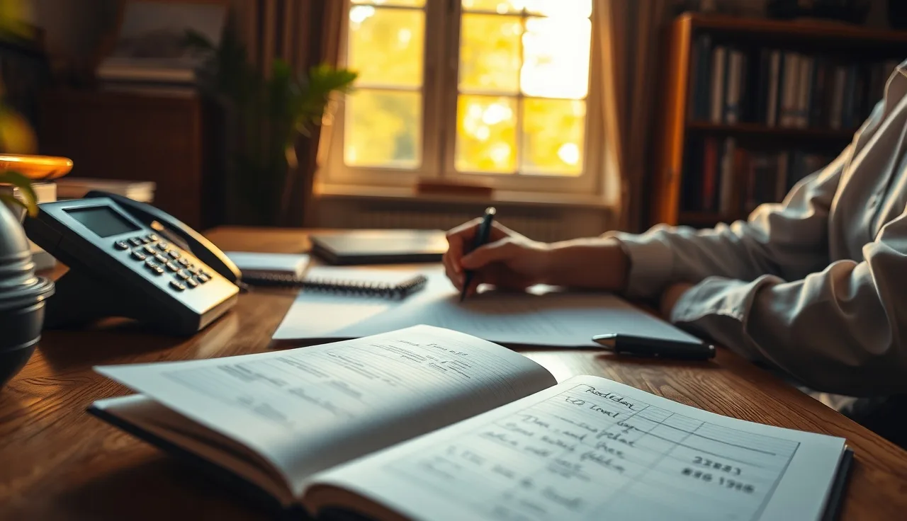 Person reviewing telemarketing compliance documents at a desk with telephone nearby
