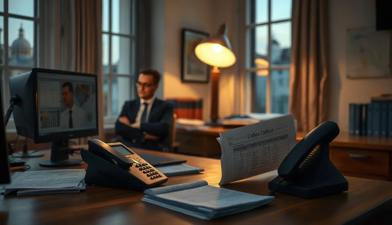 Compliance officer reviewing call logs at a desk beside a telephone at dusk