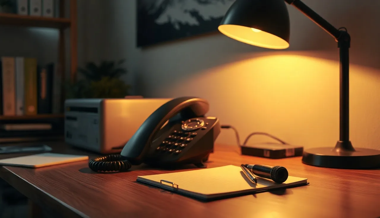 Desk phone receiver off-hook beside a legal pad under warm lamp light, suggesting TCPA telephone regulations