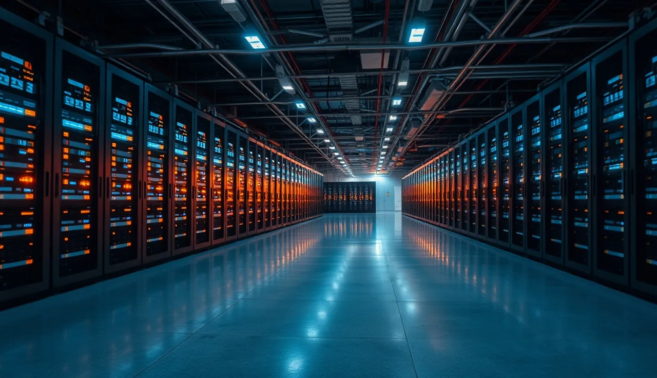 Telecommunications facility server racks with blinking lights representing voice service provider infrastructure