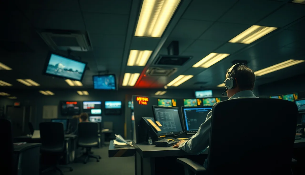 Emergency dispatch operator at console wearing headset, TCPA emergency call compliance context