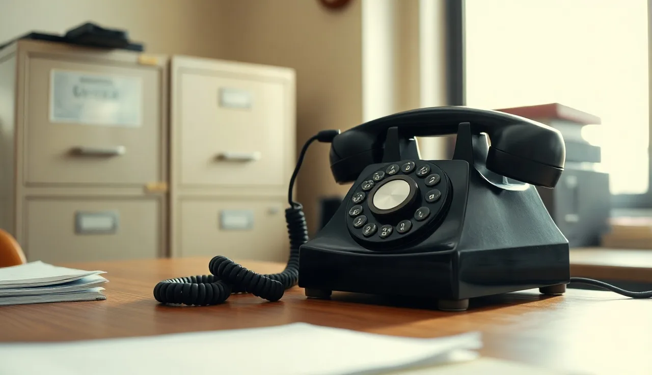Vintage rotary telephone on a wooden government office desk, representing TCPA enactment