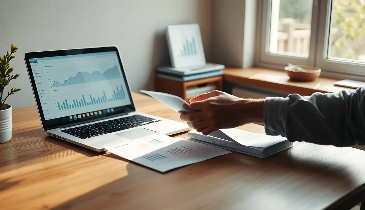 Person reviewing compliance documents at a desk with analytics on a laptop screen