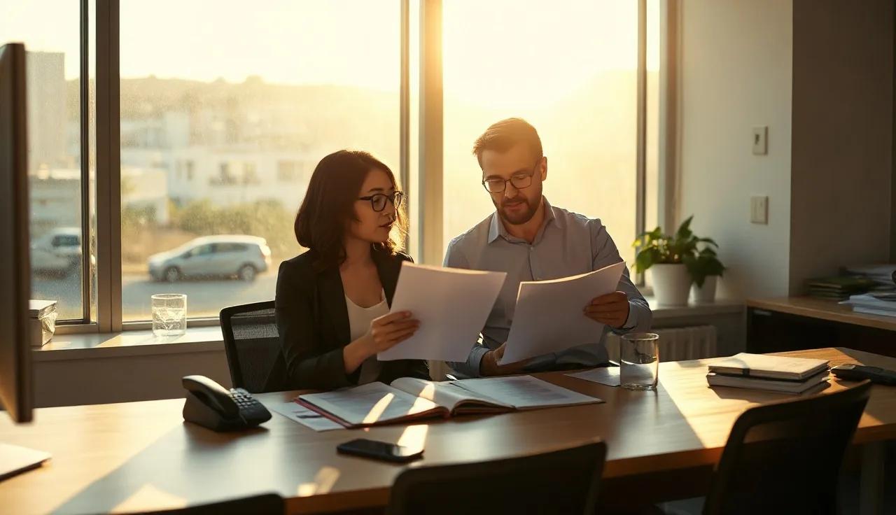Two compliance professionals reviewing call records at a sunny fintech office desk