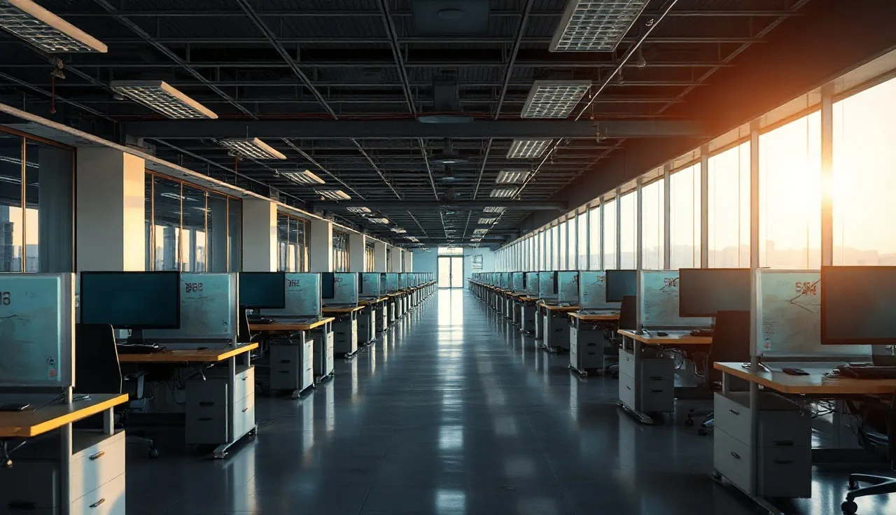 Empty call center agent workstations with headsets, compliance automation context