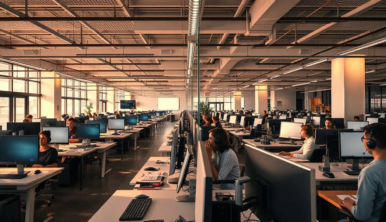 Call center agents at desks with headsets working on collections compliance dialing