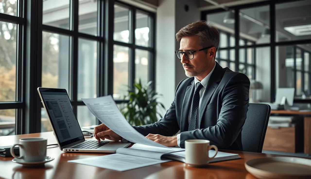 Sales manager reviewing call monitoring logs for TCPA compliance at a desk