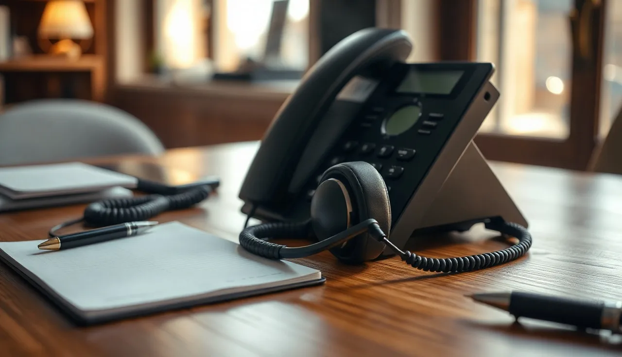 Telephone headset on a wooden desk next to a legal pad, soft office light