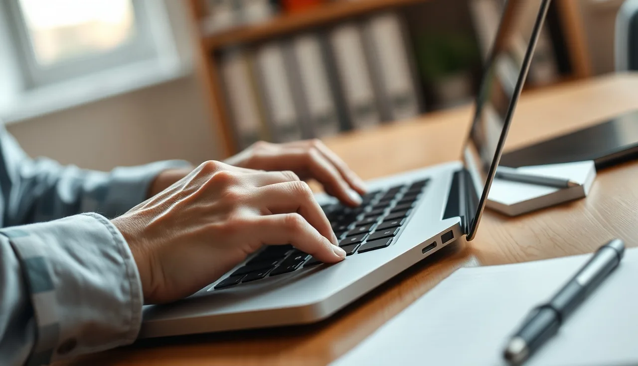 Hands typing on a laptop while completing an FCC database registration form