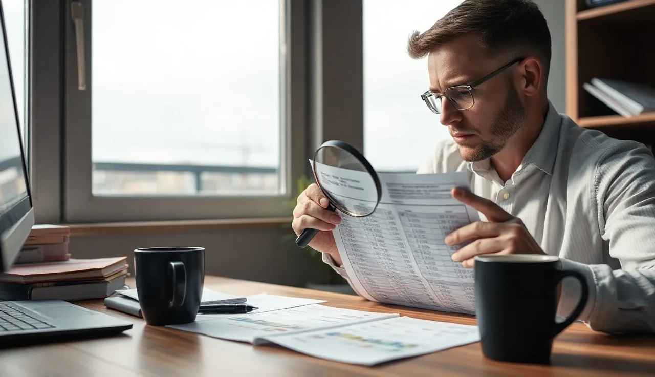 Analyst reviewing a phone number lead list with a magnifying glass at a desk