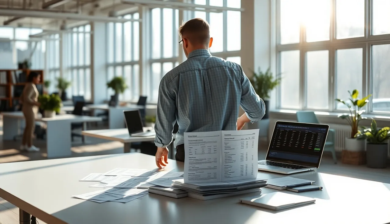 Person reviewing compliance spreadsheets and call logs at a sunlit office desk