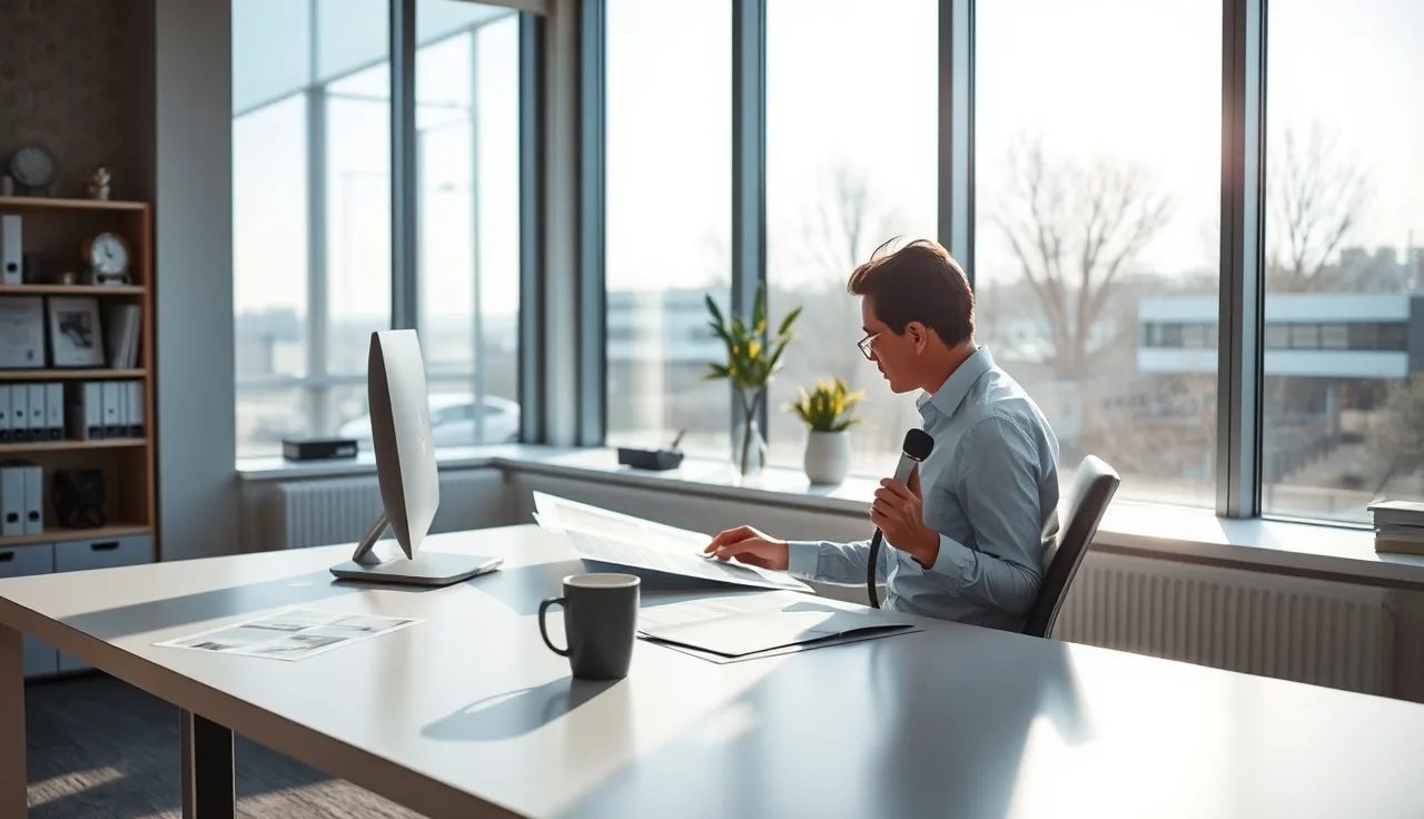 Office worker reviewing contact sheets at a desk before dialer compliance gate checks begin