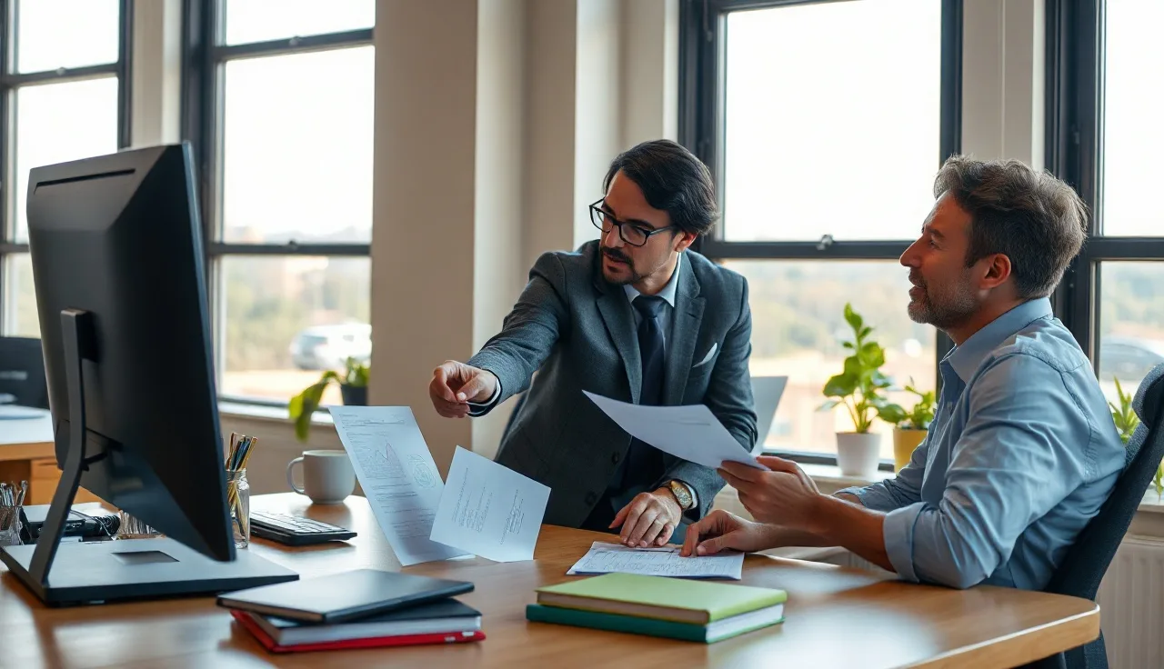 Two colleagues reviewing a compliance document at a bright office desk during onboarding