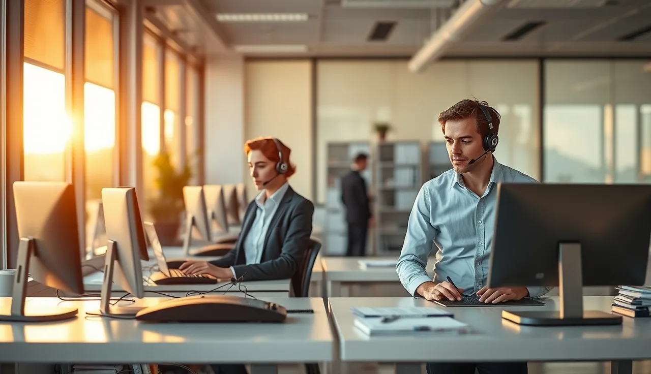 Two sales agents with headsets at standing desks in a small outbound sales office