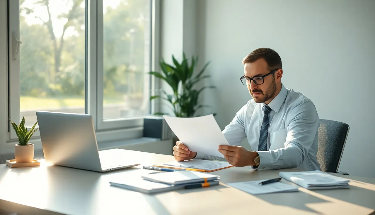Compliance manager reviewing a printed checklist at a sunlit office desk for TCPA risk assessment