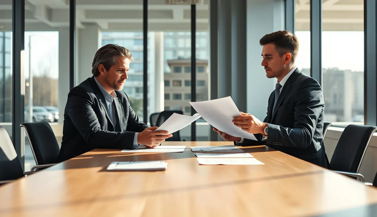 Two people reviewing compliance vendor contract documents at a conference table