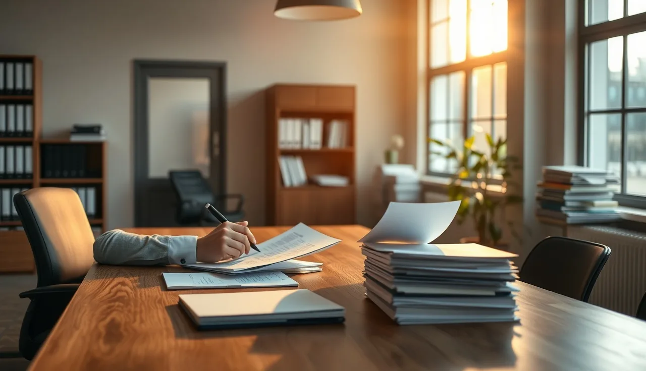 Compliance professional reviewing TCPA audit documents at a wooden office desk