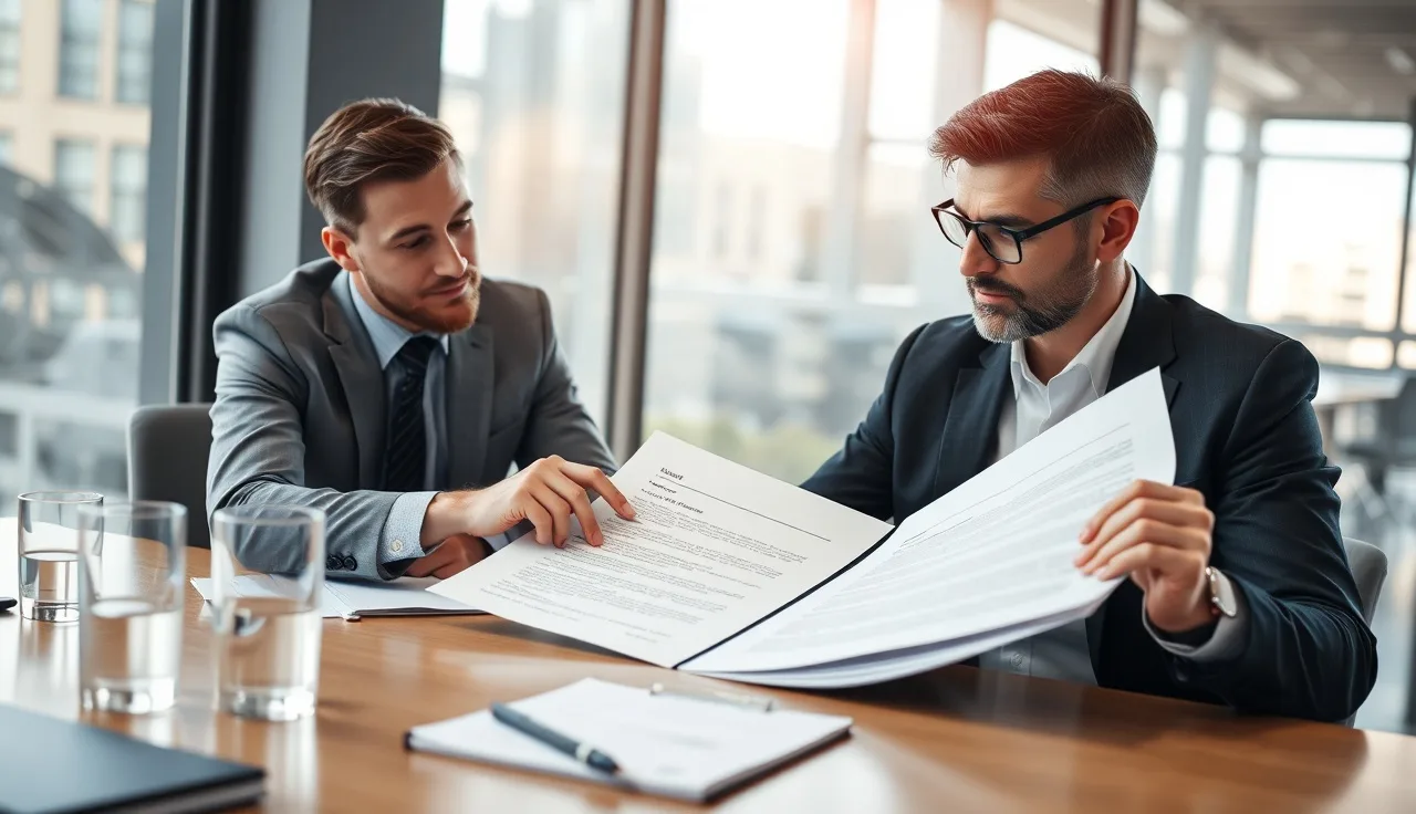 Two professionals reviewing a dialer vendor contract at a conference table