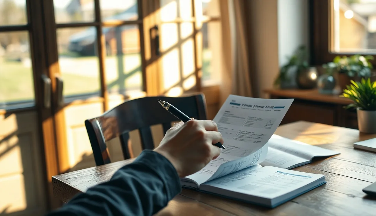 Person reviewing printed phone calling lists at a sunlit wooden desk