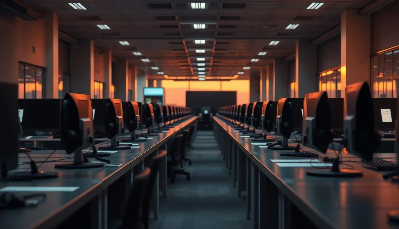 Empty outbound sales floor with headsets on desks at dusk
