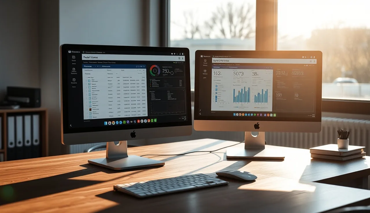 Two monitors on a desk showing database dashboards used for DNC list syncing