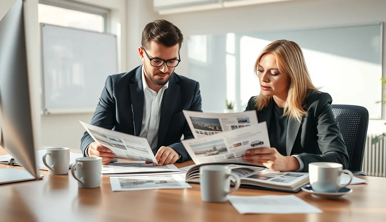 Two sales team members reviewing contact list printouts at an office desk