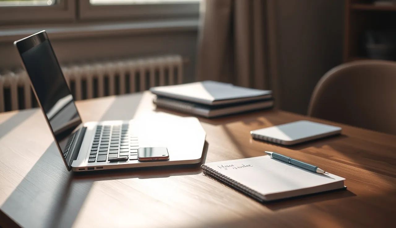 Laptop and smartphone on a wooden desk used for outbound DNC compliance workflow setup