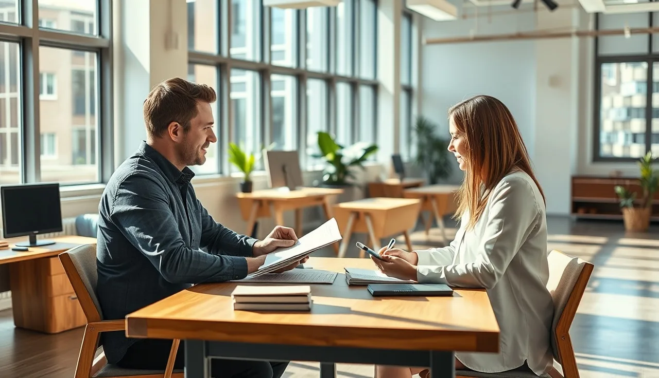 Two sales team members reviewing a printed TCPA compliance policy at a desk