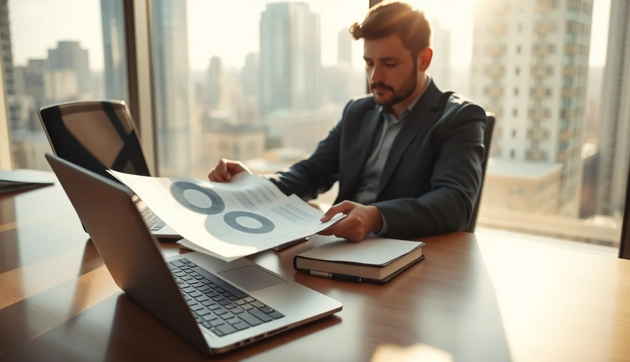 Professional reviewing lead generation compliance documents at an office desk
