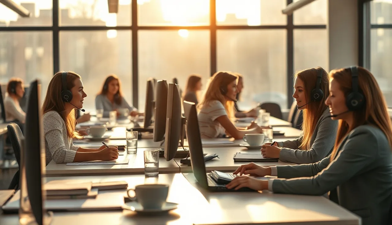 Outbound sales agents at desks with headsets in an open office with afternoon light
