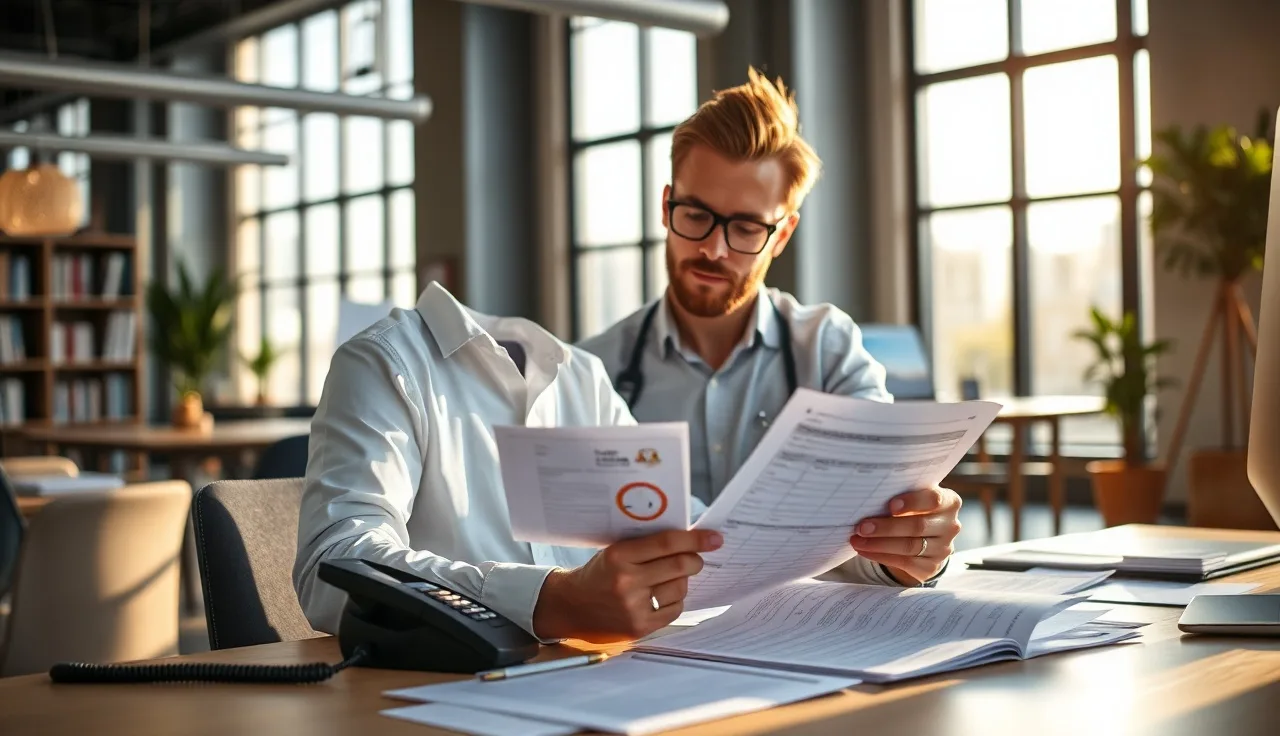 Compliance manager reviewing call quality logs at a desk for TCPA compliance