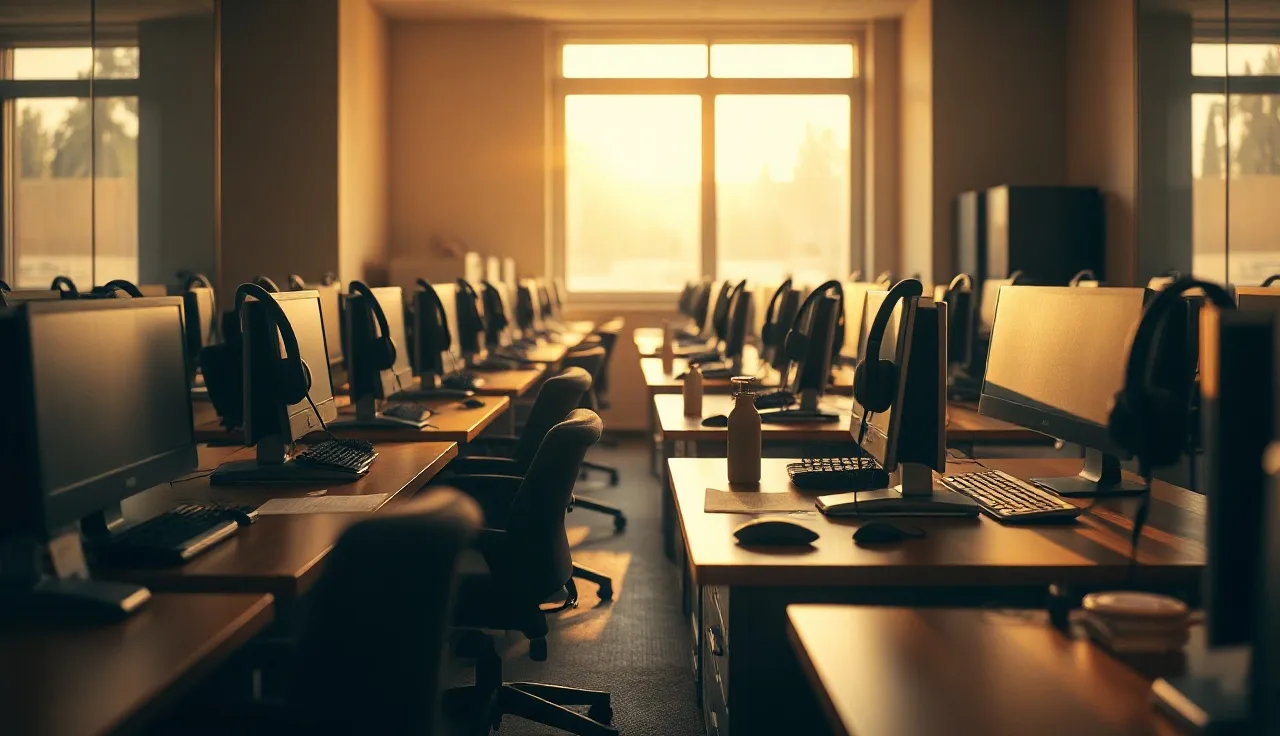 Empty call center desks with headsets in morning light, compliance setting